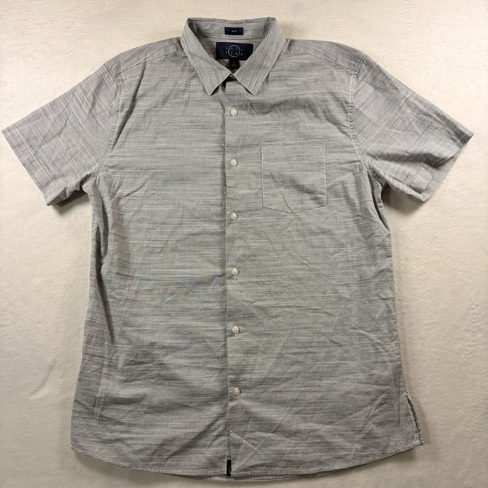 Even Tide Mens Short Sleeve Button Up Slim Fit Shirt Blue Texture Cotton NWT